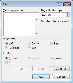 Click on the Tabs button to display the Tabs dialog box.