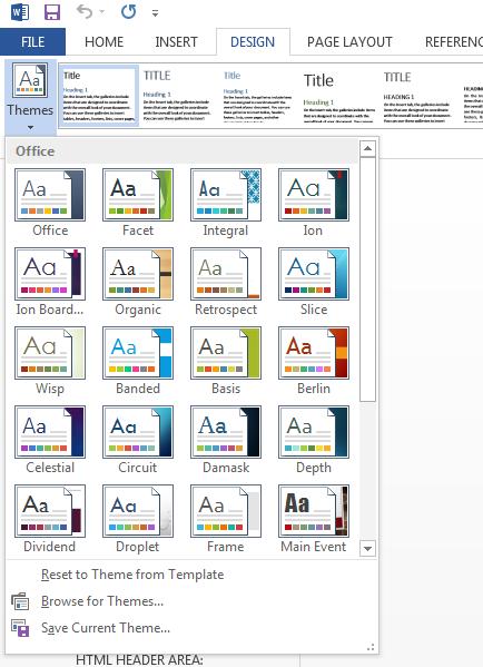 WORD 2013 FOUNDATION Page 73 Slowly move the mouse pointer over the theme thumbnails displays and as you move the mouse pointer, you will see the different themes applied to your document.