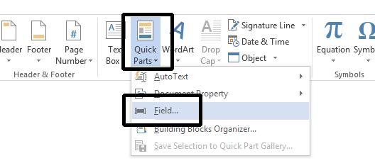 WORD 2013 FOUNDATION Page 88 From the drop down list displayed select the Field command.