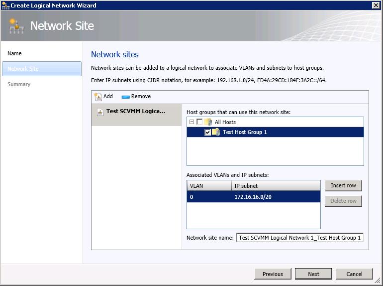 Figure 8: Define a network site for a logical network and assign it to a host group 3) The next wizard step is to define a network site as shown in Figure 8.