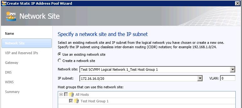 c) From the drop-down list, select the logical network this static IP pool will be associated with (Test SCVMM Logical Network 1 in this example).