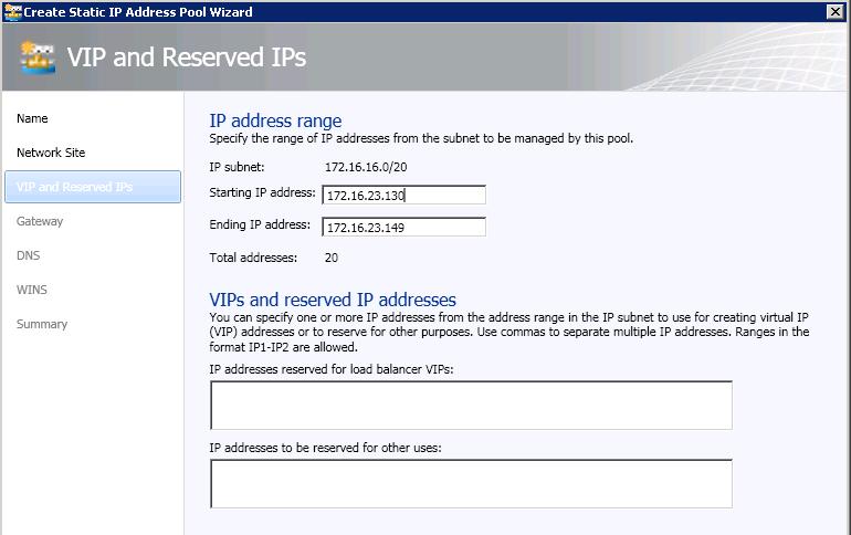 Figure 13: Set IP address range, VIP and reserved IPs for static IP address pool 10) The wizard will initially suggest a static IP pool with a Starting IP address and an Ending IP address that will