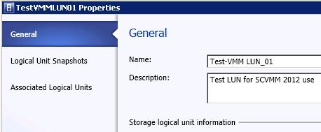 2) Select the desired Storage pool (SC12 in this example) from the drop-down list, and specify the Name, Description, and Size (GB) for the logical unit.