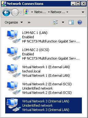 By default (as shown by the middle screen in Figure 29), each new virtual network created with Hyper-V Manager is given a default generic name such as Local Area Connection 2.