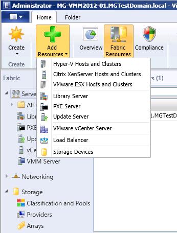 Figure 34: Launch Add Resources Wizard to add a Hyper-V host or cluster 4) To add physical Hyper-V host servers to SCVMM 2012, from the Fabric workspace, click on