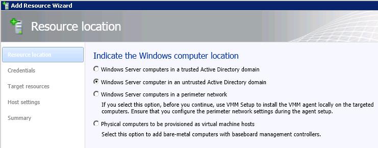 Select Hyper-V Hosts and Clusters to launch the Add a Resource Wizard.