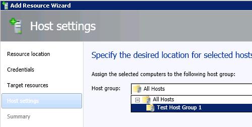 Figure 39: Assign the managed Hyper-V host or failover cluster to a host group 9) On the Host Settings screen, click the drop down arrow and select the desired