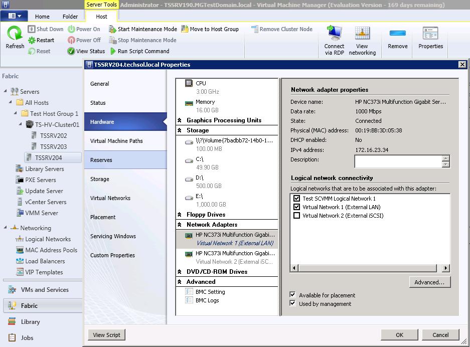 Figure 43: Assign a logical network and associated static IP pool to a Hyper-V host 1) From the Fabric workspace, expand Servers, All Hosts, and under the desired host group, click on the desired