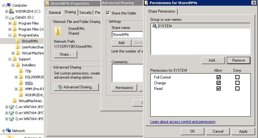 Figure 46: Configure a new Windows folder, share it, and set permissions a) Use Windows Explorer to create the folder structure in the desired location.