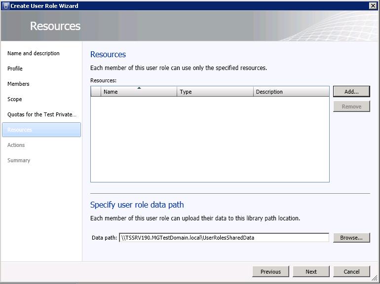 Figure 64: Assign resources and a data path to a user role 7) On the Resources screen, add any existing hardware profiles, OS profiles or templates these self-service users can use for Hyper-V guest