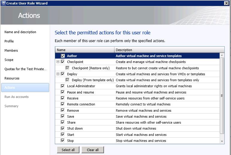 Figure 65: Select the permitted actions for the user role 10) On the Actions screen as shown in Figure 65, select the actions this user role will be permitted on the private cloud.
