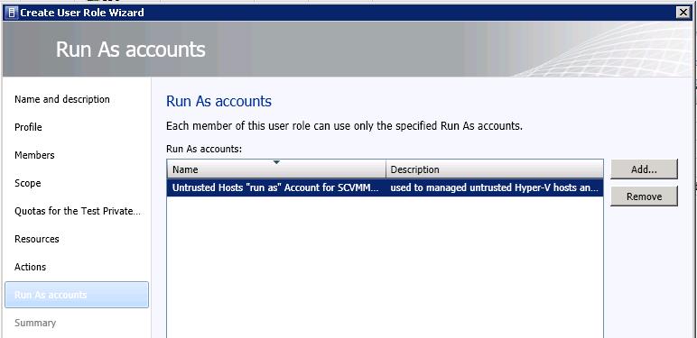 Figure 66: Add run-as accounts for self-service user role 11) Because the Author and Deploy actions were selected on the previous screen, the wizard will prompt for the addition of any necessary