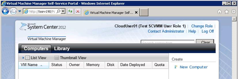 2) In this example, the AD user clouduser01 is a member of the AD group that is assigned to the SCVMM 2012 self-service user role. Then click on Log On.