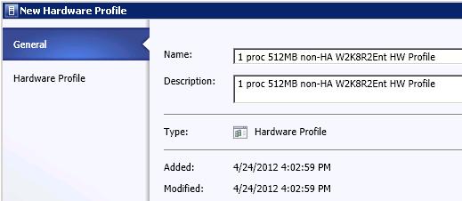 In this example, an example of a basic hardware profile will be created that will specify 1 processor and 512MB of RAM.