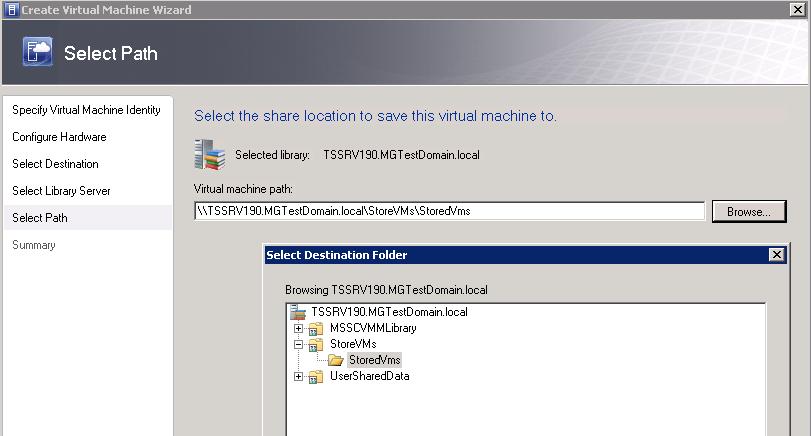 Figure 120: Select a path for the cloned rapid provision guest VM on the library server 7) On the Select a Path screen, click on the Browse button and select a share location on