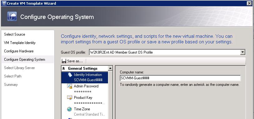 Figure 127: Provide OS settings for new SAN copy-capable guest VM template 7) On the Configure Operating System screen, the previously defined Guest OS profile is