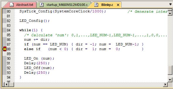How to view Local Variables in the Watch or Memory windows: 1. Make sure Blinky.c is running. 2. Locate where the local variable num is declared in Blinky.