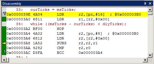 4) Setting Some Trace Triggers: 1. With Blinky in Debug mode, click in the Blinky.c on curticks = msticks; near line 33. This will highlighted in the Disassembly window.