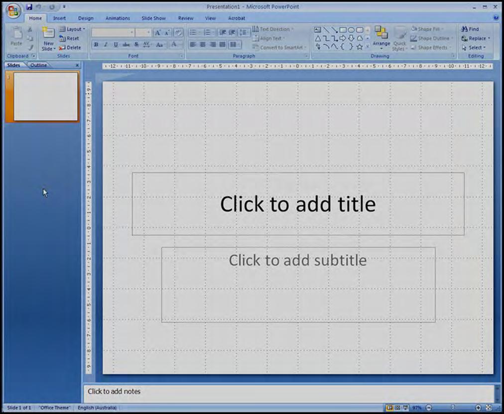 Quick Access Toolbar Office Button Home Ribbon Font Group Slides Group Slide Pane Title Slide Status Bar Tabs Font Group Gallery Scroll Bar