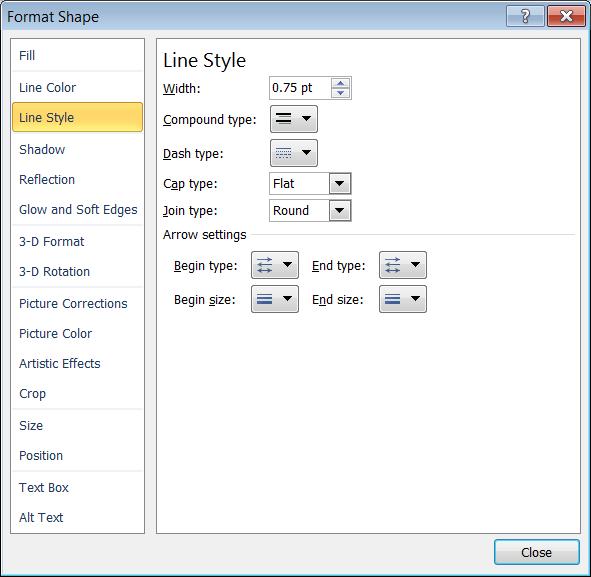 Setting Arrow Styles To change the arrow start/end head: 1. Click the arrow to modify. 2. In the Shape Styles group, click Shape Outline. 3. Highlight Arrows. 4.