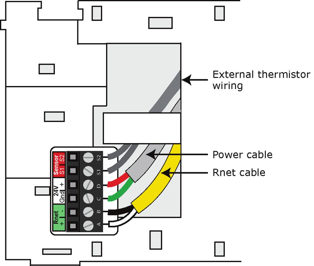Wiring and mounting the Equipment Touch 6 Connect wiring to the Equipment Touch as shown below: CAUTION Allow no more than 0.06 inch (1.5 mm) bare communication wire to protrude.