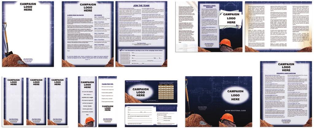 The DIY CD set includes all the files needed to produce eight campaign communication pieces. All five themes have the exact items and text layouts as shown below in the Build for God sample option.