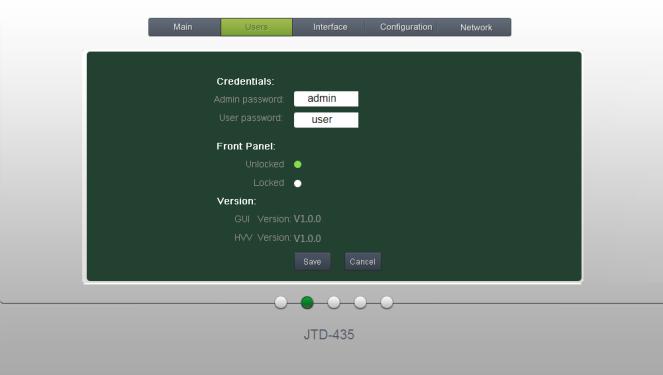 GUI FOR TCP/IP CONTROL Users: Display or modify credential settings, front panel lock, and GUI version.