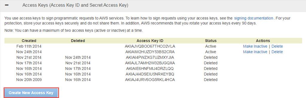 Click Create New Access Key if there are no access keys
