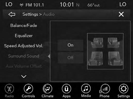 Surround Sound Press the On button on the touchscreen to activate Surround Sound. Press Off to deactivate this feature.