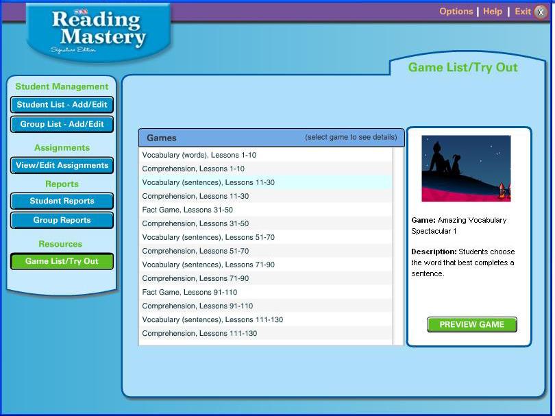 All students in the selected group are displayed in the left column, and the activities are displayed across the top row.