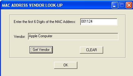 The Software application provides users with the ability to look-up a certain MAC address and pull up the vendor to whom that particular MAC