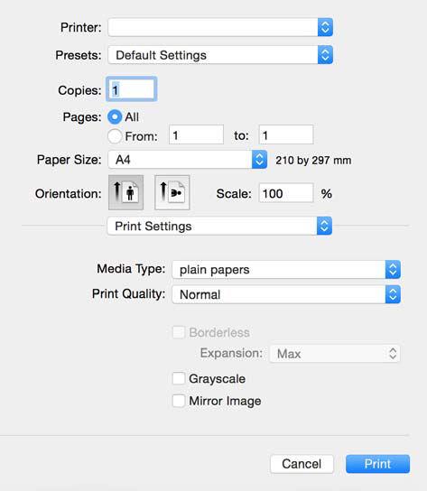 Printing 4. Make the following settings. Printer: Select your printer. Presets: Select when you want to use the registered settings. Paper Size: Select the paper size you loaded in the printer.