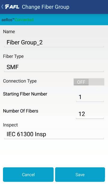 3 Edit icon: Tapping this icon will display the Change Fiber Group screen, which allows the user to make edits to the fiber group by editing Fiber Group Name, Fiber Type, Connection Type, Starting