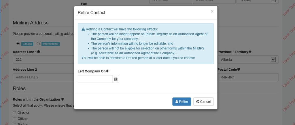 a. If the selected contact is the organization s only designated Person in Control, the contact cannot be