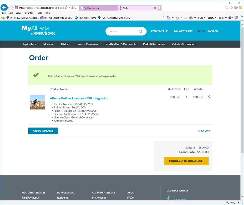 10. On the Order screen, click the Proceed to Checkout button.