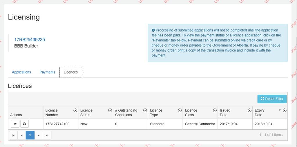 Licenses tab of the Licensing component and in the Licences section of the Company Details tab of the Builder Profile.