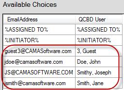 When selecting users by name, you select individual QCBD users from a list of available users. These users must have read and report privileges for the selected report module.