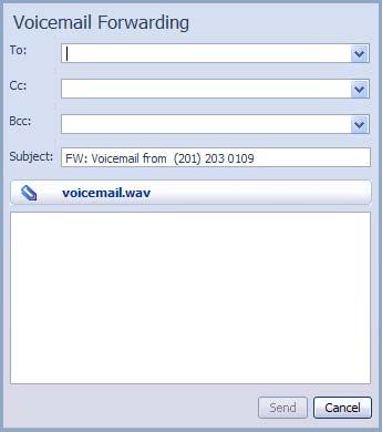 3.4.1d Forwarding voicemails as emails The Voicemail Forwarding pop-up appears when you select the Forward as Email menu option after clicking the icon alongside a selected voicemail Figure 9: