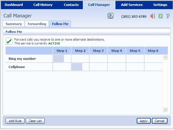 Figure 15: Follow Me service Clicking on an existing entry in the list or the Add Rule button at the bottom of the screen brings up a dialog box that allows you to specify: the number to ring.