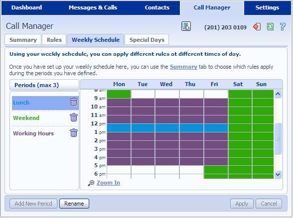 Figure 17: Incoming Call Manager Weekly Schedule display The Special Days tab allows you to set dates that are exceptions to your normal weekly schedule, for example vacations or business trips.