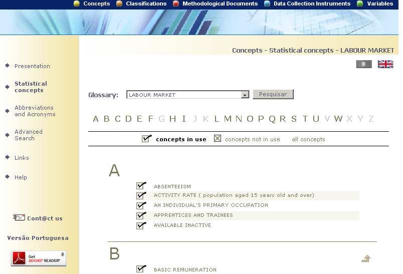 Detail of a concept The concepts are available on the Official Statistics Portal, with access from the home page, and are searchable by alphabetical order in each glossary. Fig. 4.