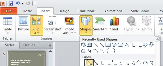 PowerPoint 2010 Foundation Page 122 Inserting an arrow Insert a new Blank slide, by clicking in the lower part of the New Slide icon (within the Slide section of the Home tab).