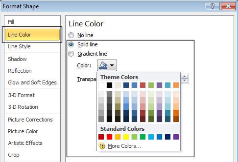 Formatting the shape line color To change the line color used by the shape, open the Format Shape dialog box and click on the Line Color command.