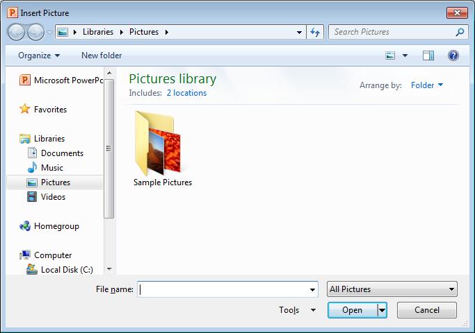 PowerPoint 2010 Foundation Page 196 This will display the Insert Picture dialog box. Navigate to the folder containing your sample files.