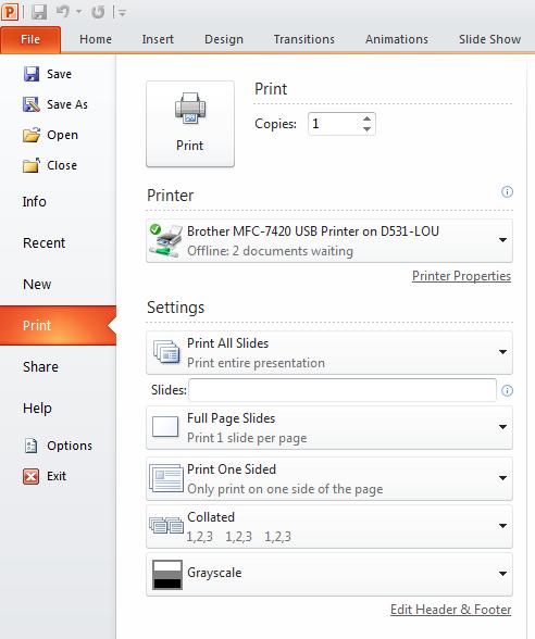 PowerPoint 2010 Foundation Page 227 Setting the number of copies to print By default a single copy will be printed.