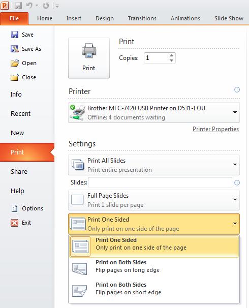 PowerPoint 2010 Foundation Page 230 Single or double sided (duplex) printing