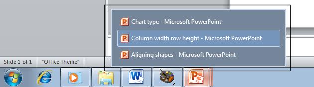 PowerPoint 2010 Foundation Page 25 Click on the PowerPoint icon and you will see a list of the open presentations. Clicking on an item within the list will display that presentation.