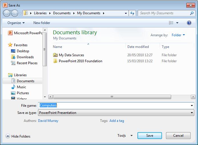 PowerPoint 2010 Foundation Page 34 If necessary scroll down the list of folders displayed within the right side of the dialog box until