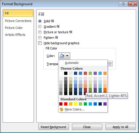 PowerPoint 2010 Foundation Page 47 Changing background color on all the slides within a presentation Click on the Design tab and then click on the Background Dialog Box Launcher button.