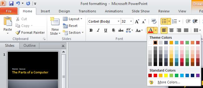 PowerPoint 2010 Foundation Page 67 Font color Select the last paragraph of text within your slide. Click on the down arrow to the right of the Font Color icon.